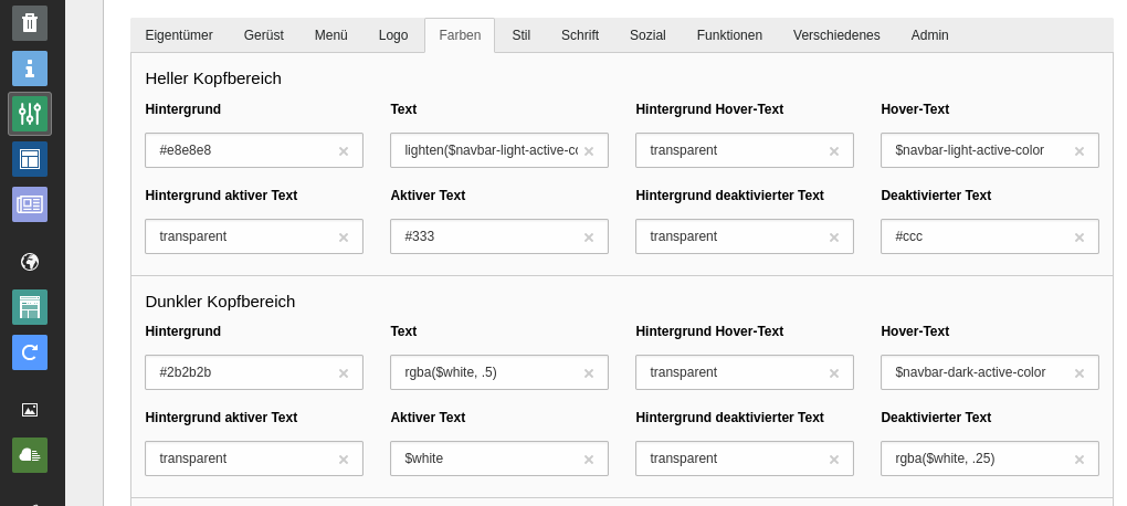 Easyconf-Formular zur Anpassung der Farben des Hauptmenüs